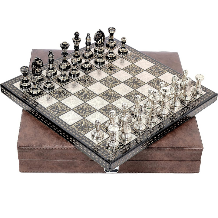 Staunton Inspired Brass Metal Luxury Chess Pieces & Board Set-12"-Silver & Black