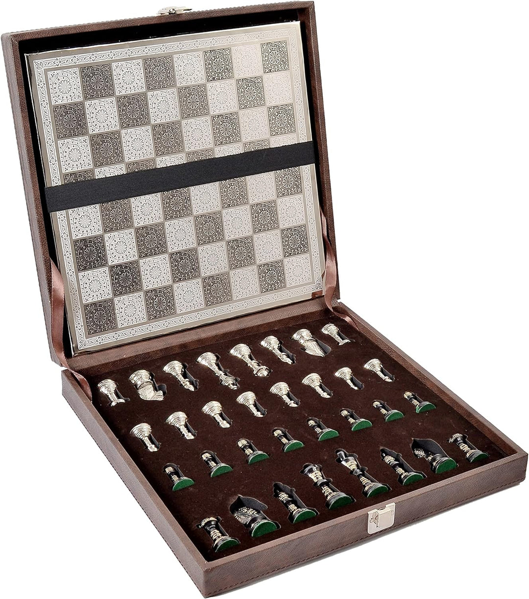 Staunton Inspired Brass Metal Luxury Chess Pieces & Board Set-12"-Silver & Black