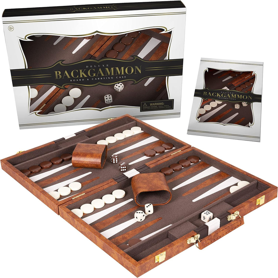 Backgammon Set - Classic Board Game in Brown for Adults and Kids with Premium Leather Case - with Strategy & Tip Guide