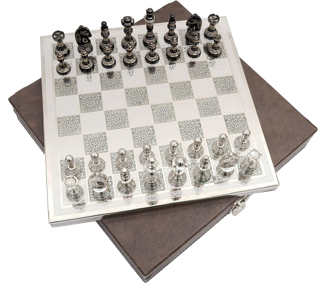 Staunton Inspired Brass Metal Luxury Chess Pieces & Board Set-12"-Silver & Black