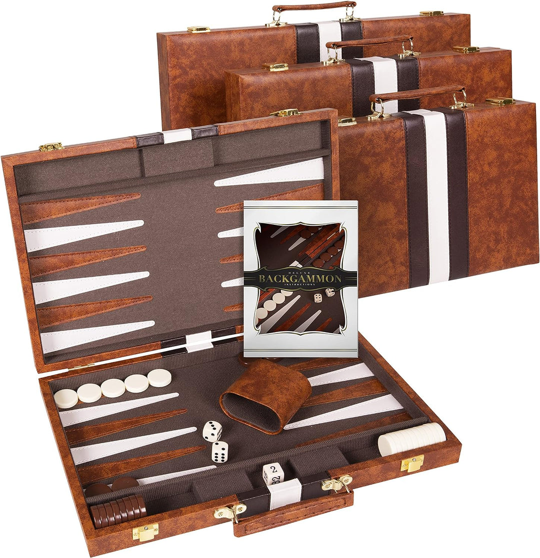 Backgammon Set - Classic Board Game in Brown for Adults and Kids with Premium Leather Case - with Strategy & Tip Guide