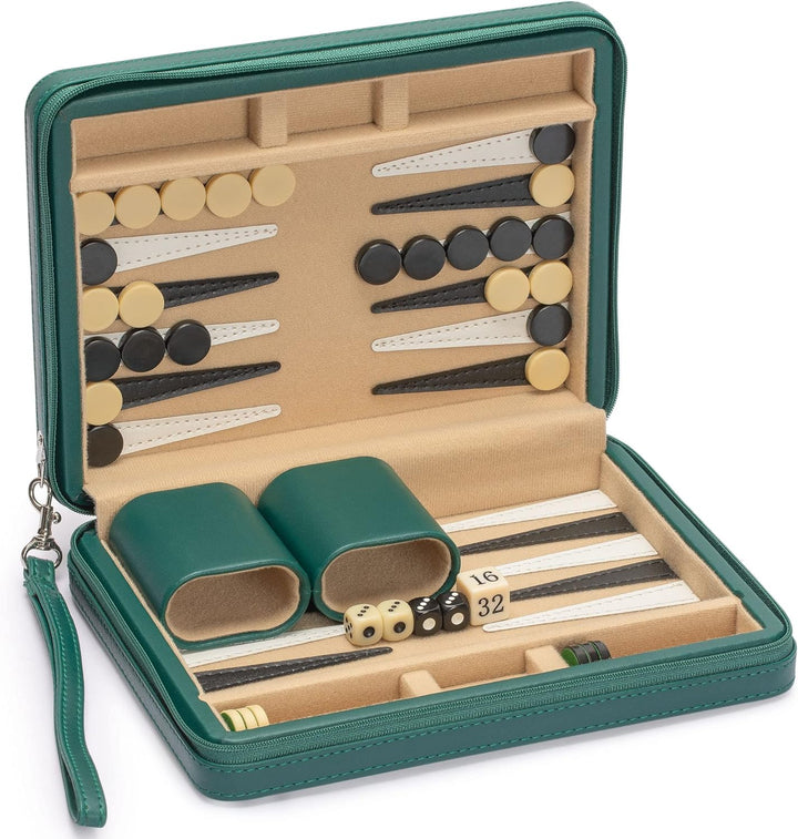 Travel Size Backgammon Mini Game Set, Magnetic Checkers and 9-inch Board in Sleek Leatherette Case - Classic Strategy Board Game