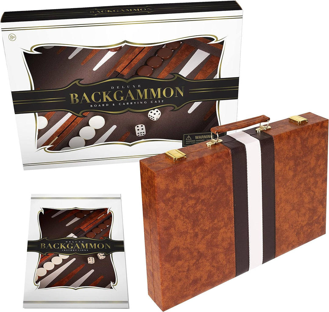 Backgammon Set - Classic Board Game in Brown for Adults and Kids with Premium Leather Case - with Strategy & Tip Guide