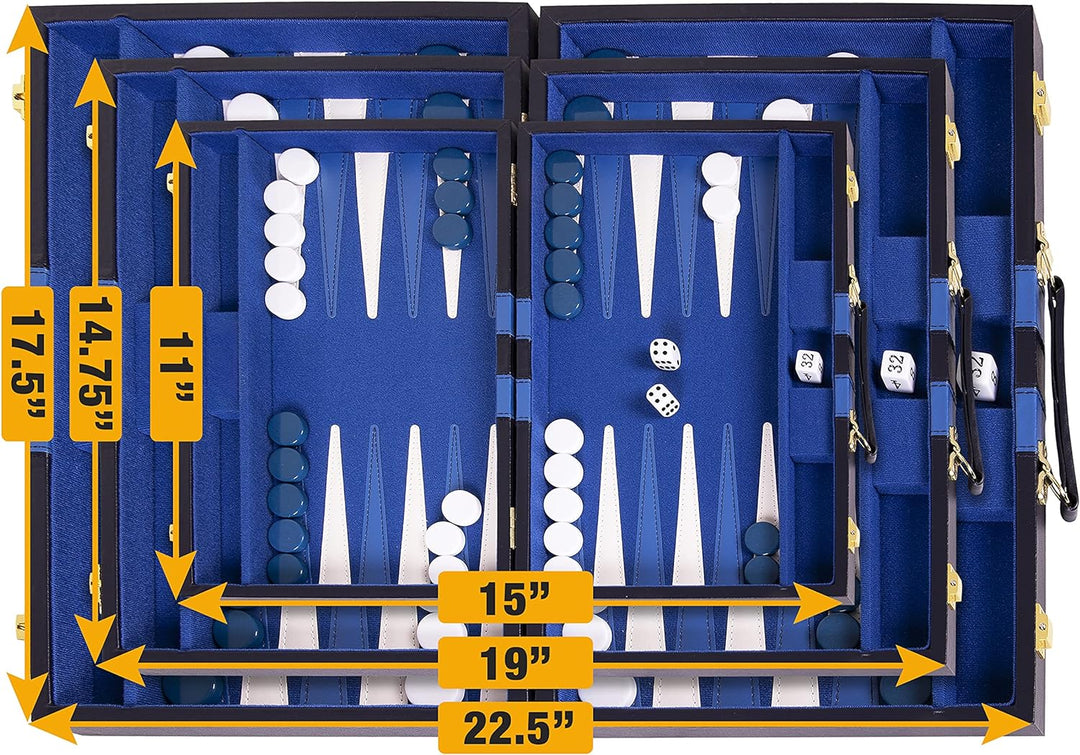 Backgammon Set - Classic Board Game in Blue for Adults and Kids with Premium Leather Case - with Strategy & Tip Guide