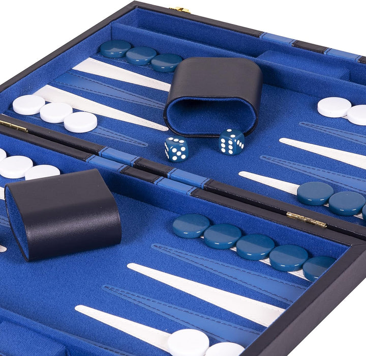 Backgammon Set - Classic Board Game in Blue for Adults and Kids with Premium Leather Case - with Strategy & Tip Guide