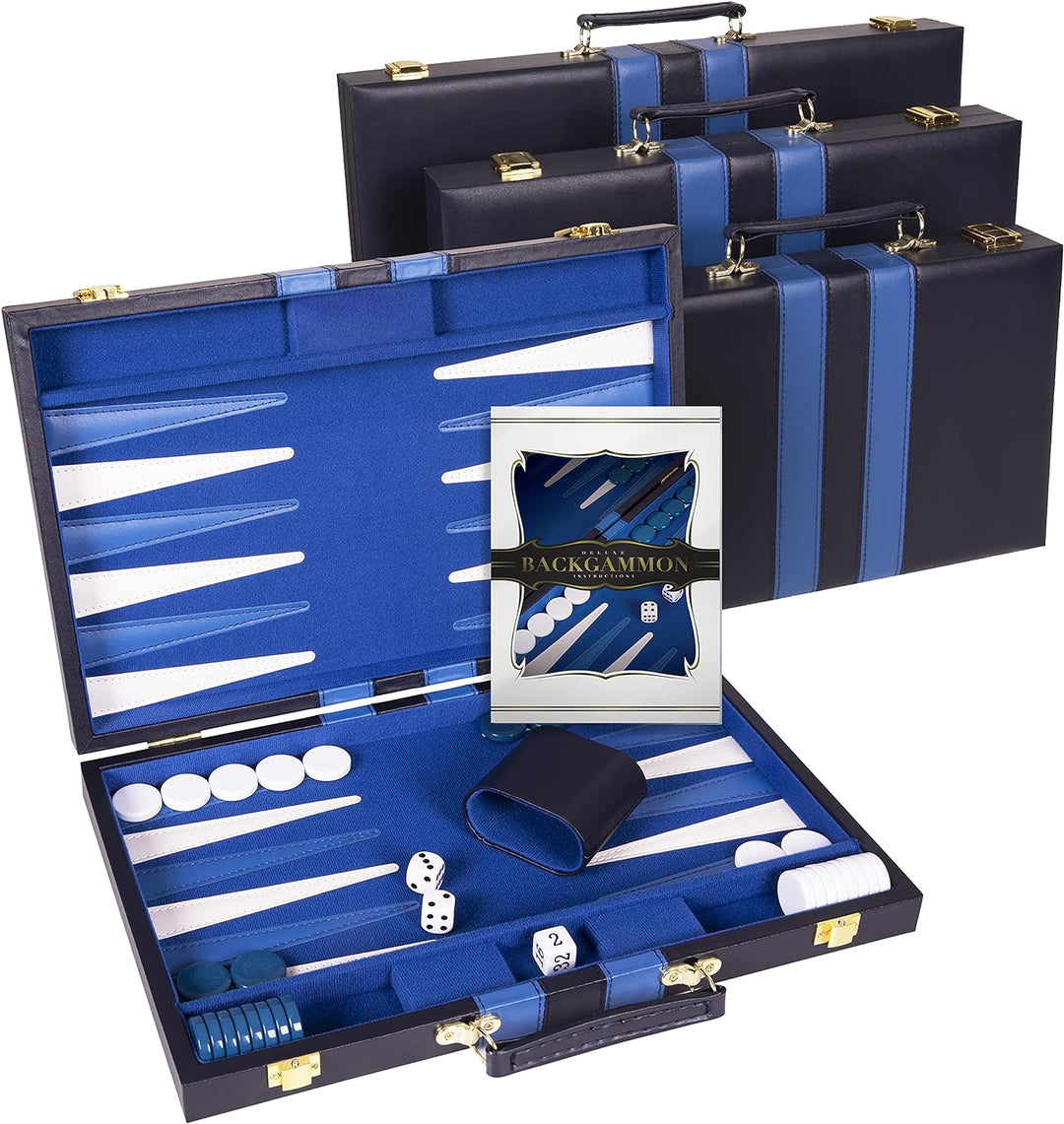 Backgammon Set - Classic Board Game in Blue for Adults and Kids with Premium Leather Case - with Strategy & Tip Guide