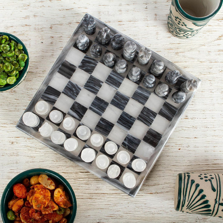 Mini Onyx and Marble Chess Set Grey Ivory Marblestone Mexico Sets