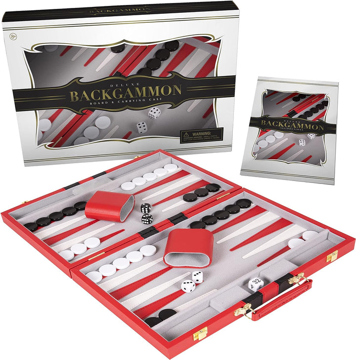 Backgammon Set - Classic Board Game in Red for Adults and Kids with Premium Leather Case - with Strategy & Tip Guide