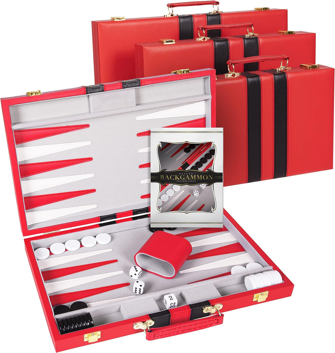 Backgammon Set - Classic Board Game in Red for Adults and Kids with Premium Leather Case - with Strategy & Tip Guide