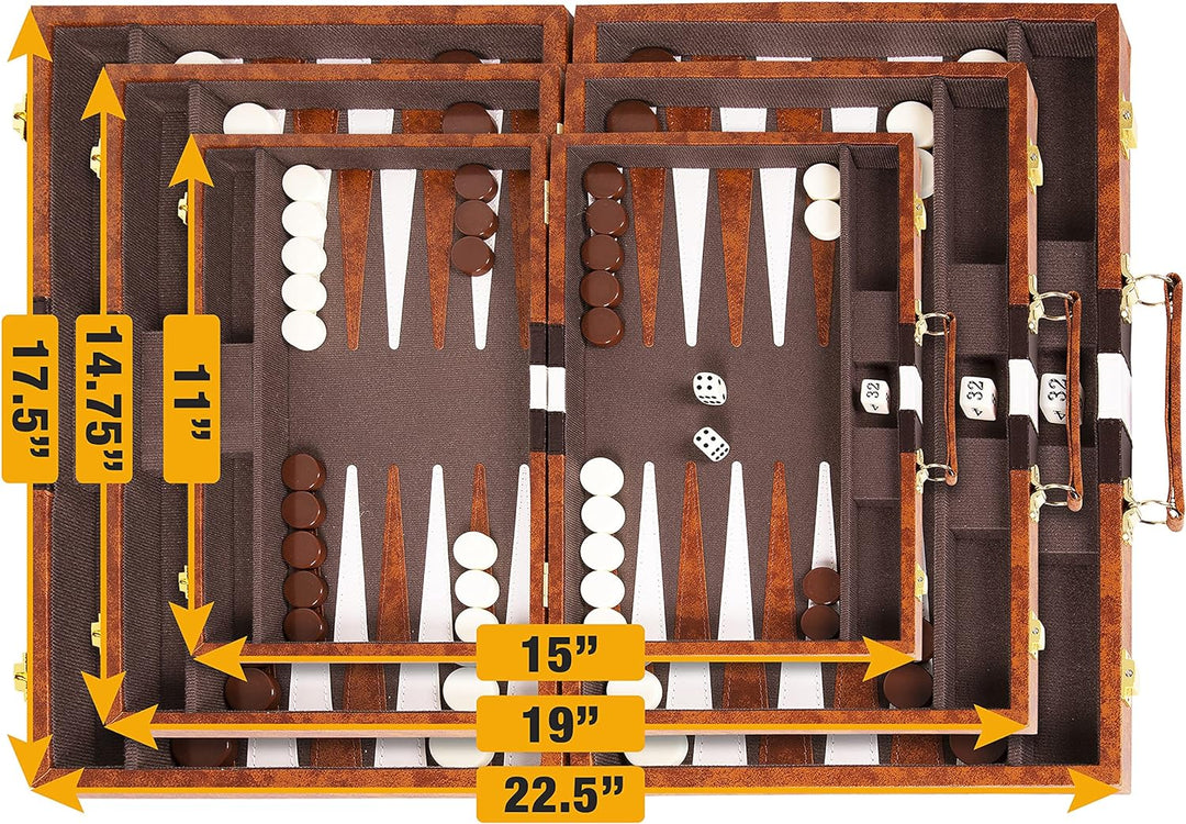 Backgammon Set - Classic Board Game in Brown for Adults and Kids with Premium Leather Case - with Strategy & Tip Guide