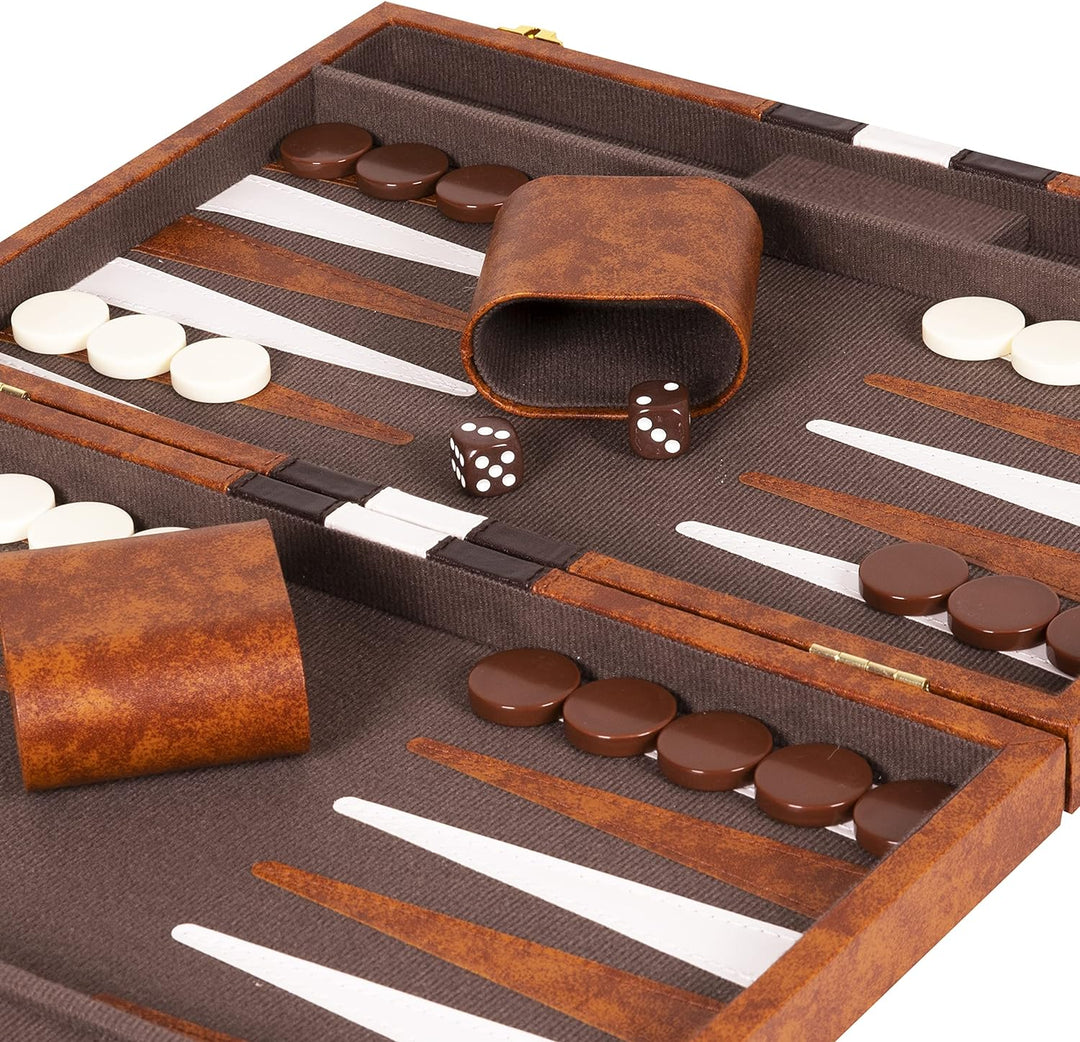 Backgammon Set - Classic Board Game in Brown for Adults and Kids with Premium Leather Case - with Strategy & Tip Guide