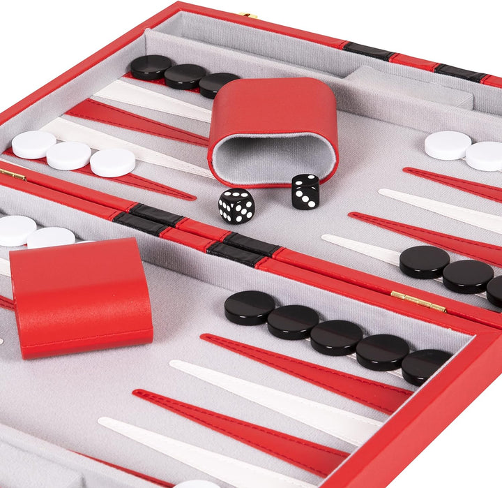 Backgammon Set - Classic Board Game in Red for Adults and Kids with Premium Leather Case - with Strategy & Tip Guide