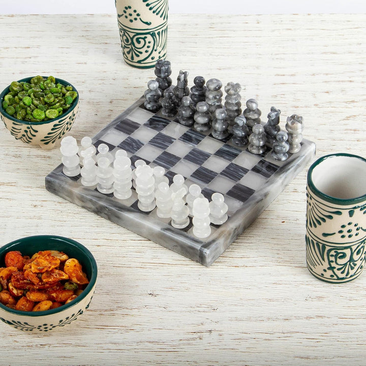 Mini Onyx and Marble Chess Set Grey Ivory Marblestone Mexico Sets