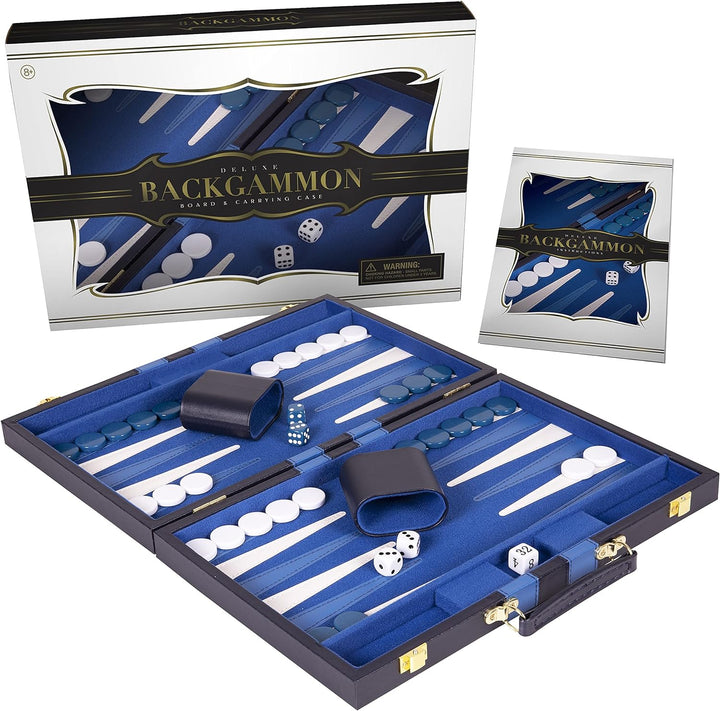 Backgammon Set - Classic Board Game in Blue for Adults and Kids with Premium Leather Case - with Strategy & Tip Guide