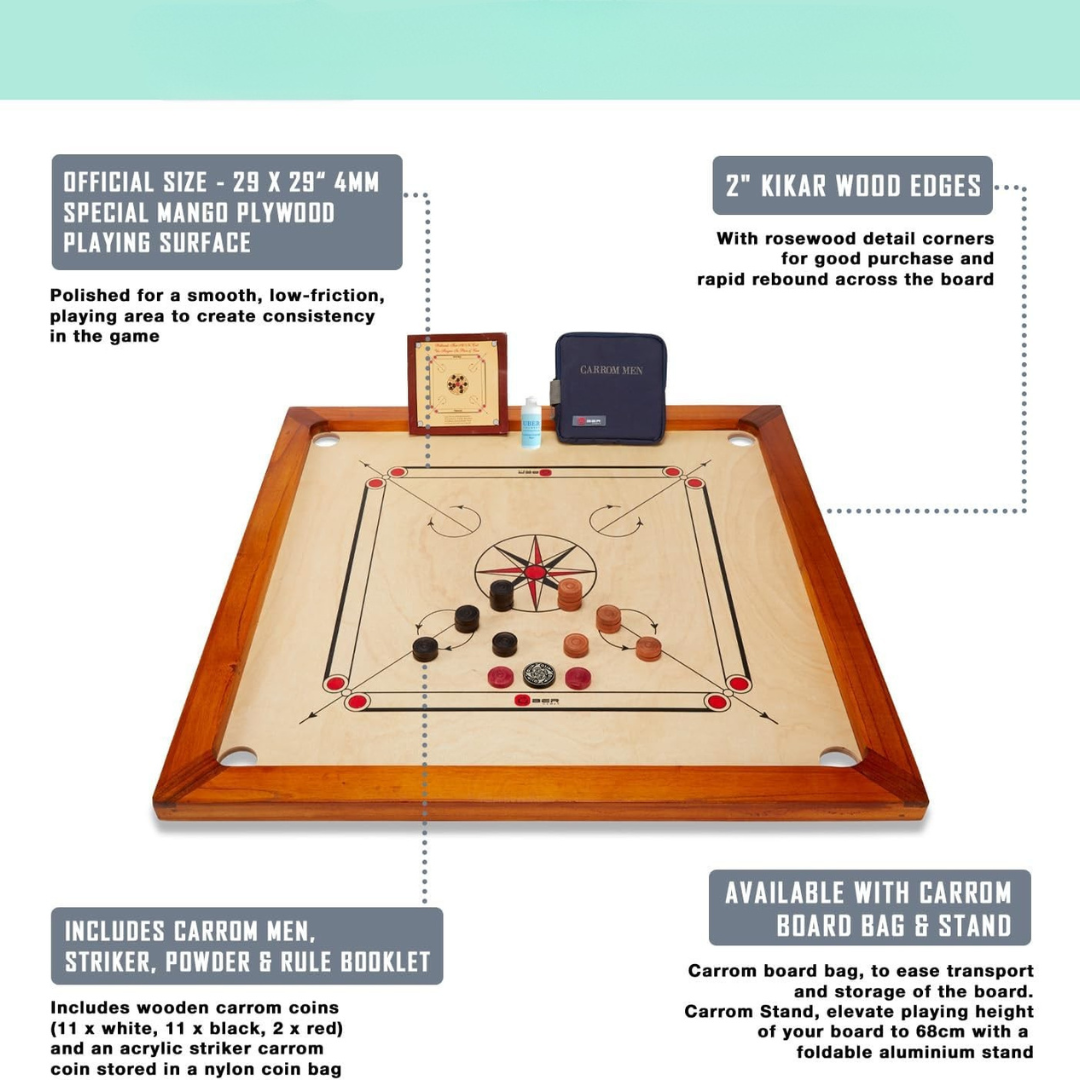 33” Official Size Playing Board Including Carrom Men, Striker & Powder