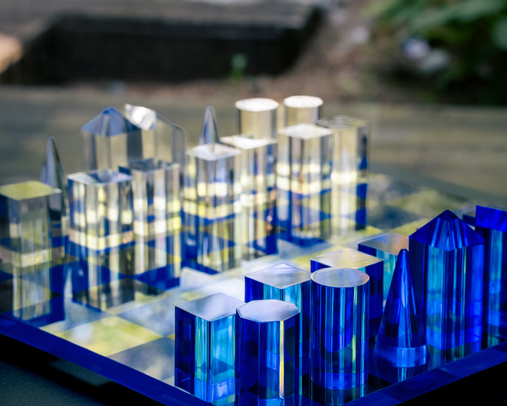 Minimalistic Blue & Clear Crystal Glass Chess Set | Architectural Design | Luxury Home Decor & Strategy Game