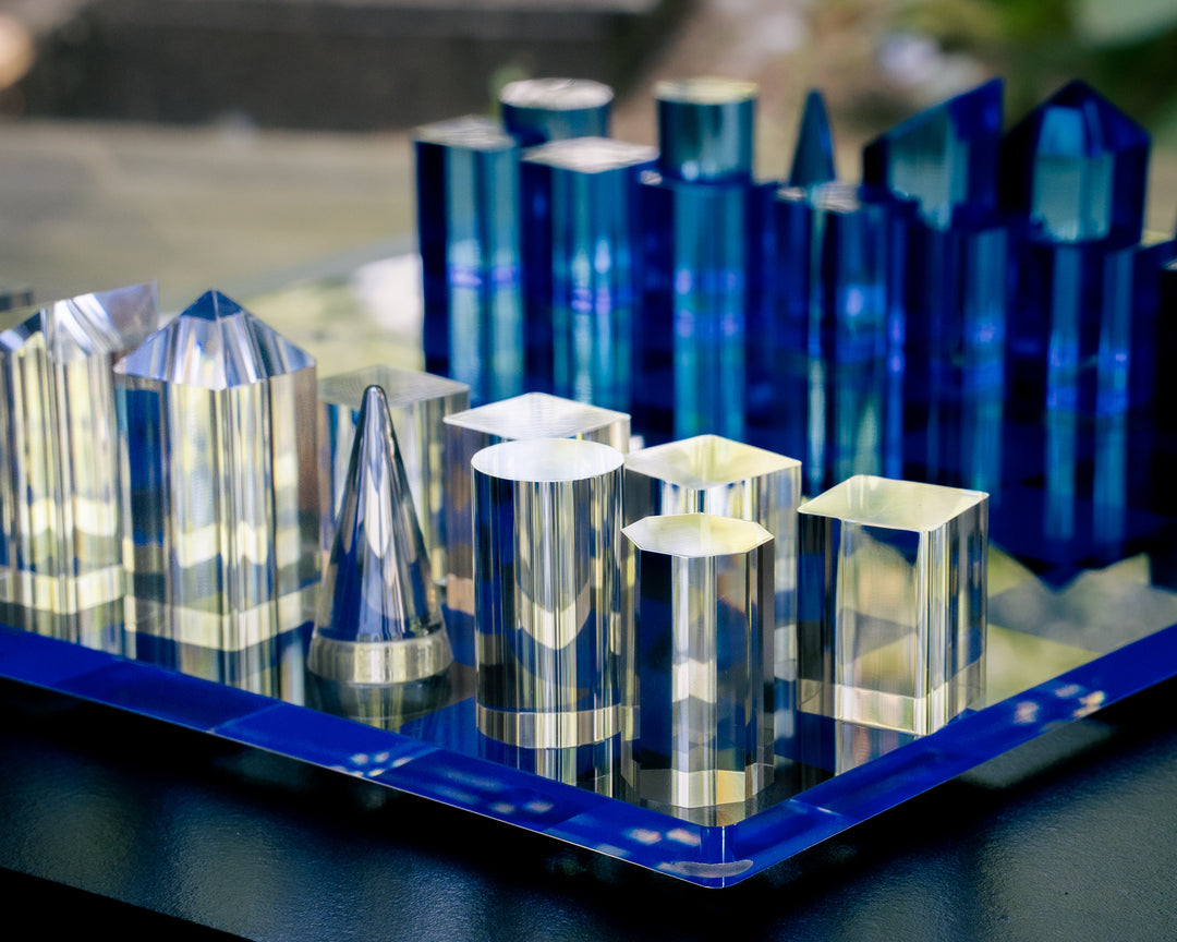 Minimalistic Blue & Clear Crystal Glass Chess Set | Architectural Design | Luxury Home Decor & Strategy Game