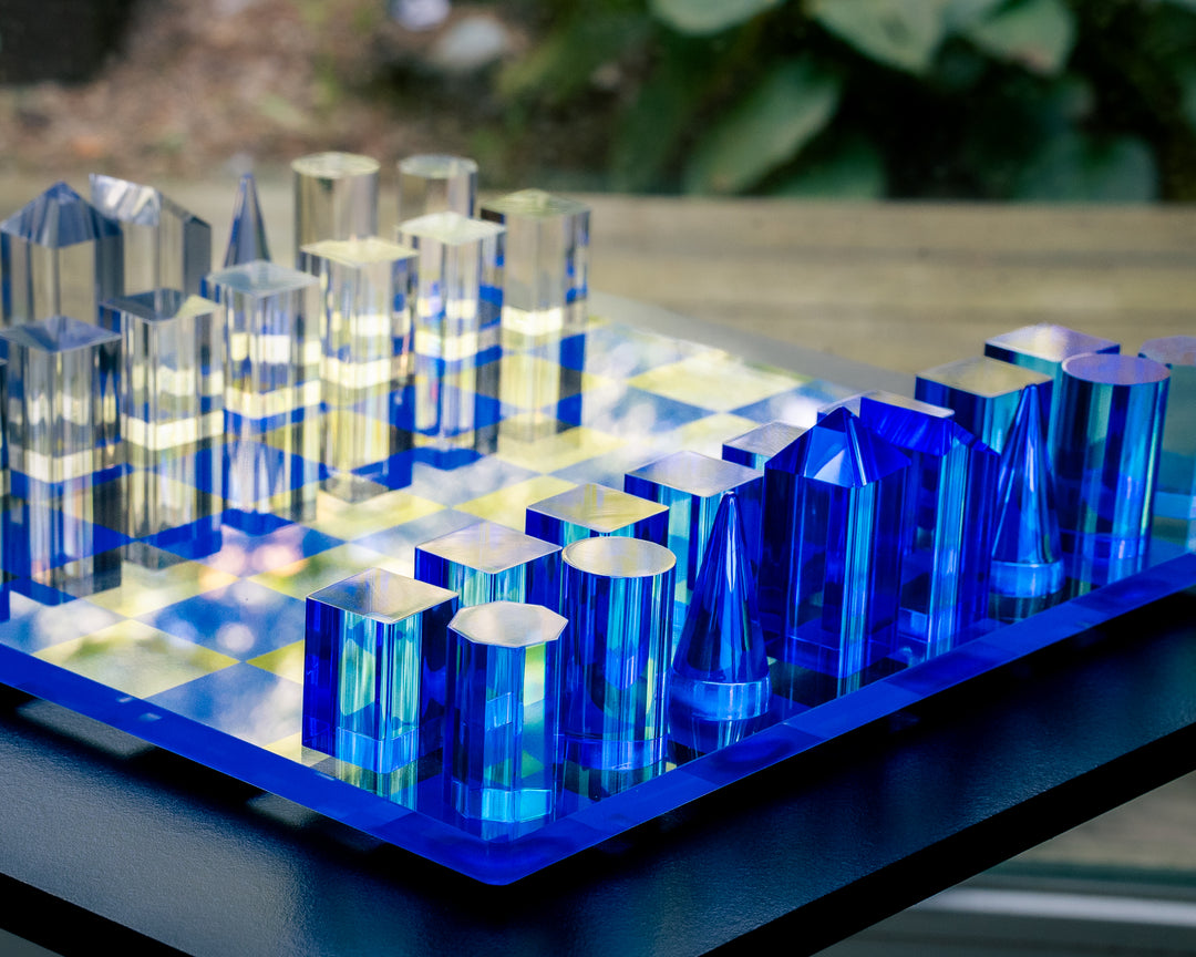 Minimalistic Blue & Clear Crystal Glass Chess Set | Architectural Design | Luxury Home Decor & Strategy Game