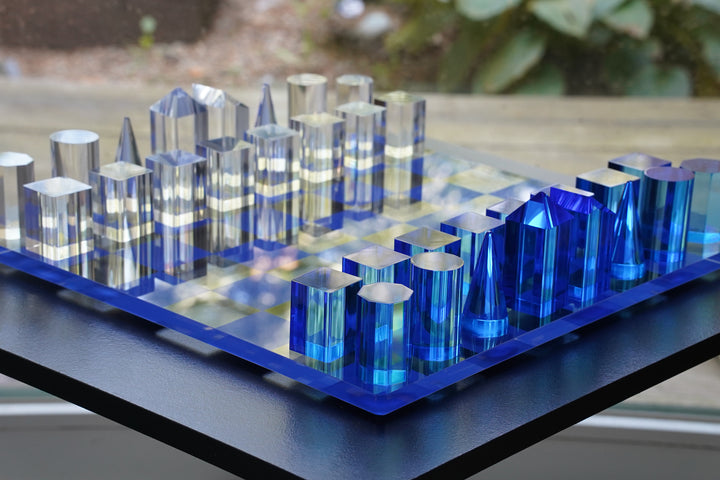 Minimalistic Blue & Clear Crystal Glass Chess Set | Architectural Design | Luxury Home Decor & Strategy Game