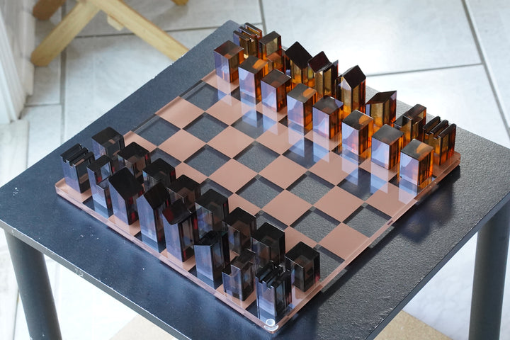 Architectural Crystal Chess Set | Brown & Clear Lucite | Luxury Home Decor & Strategy Game