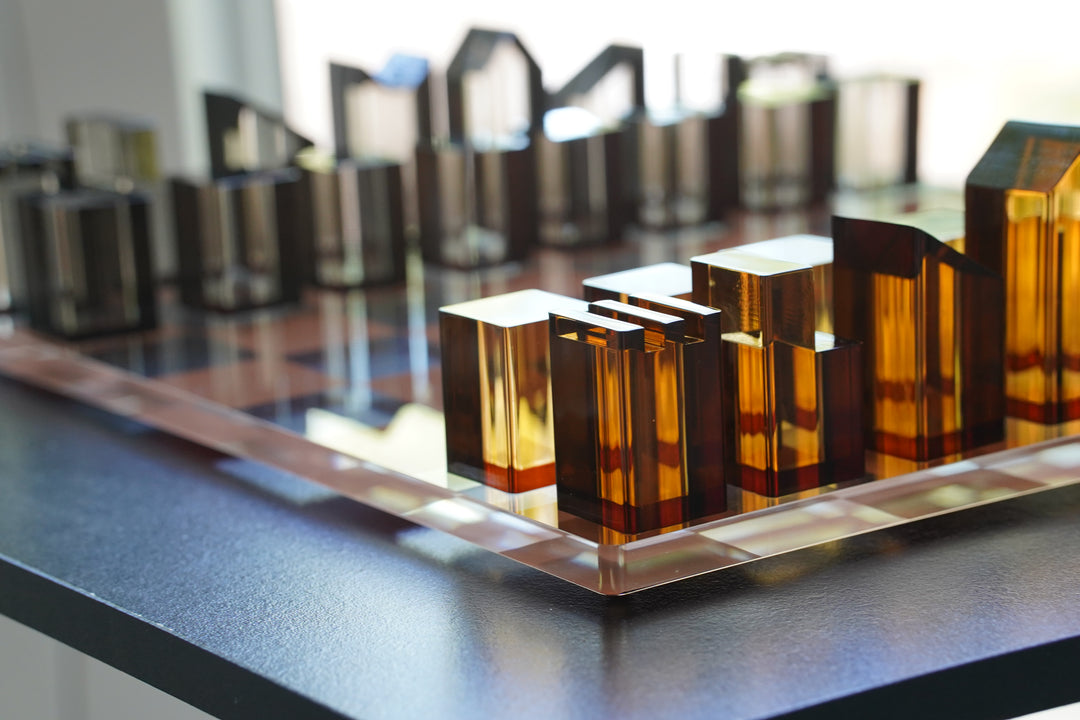 Architectural Crystal Chess Set | Brown & Clear Lucite | Luxury Home Decor & Strategy Game