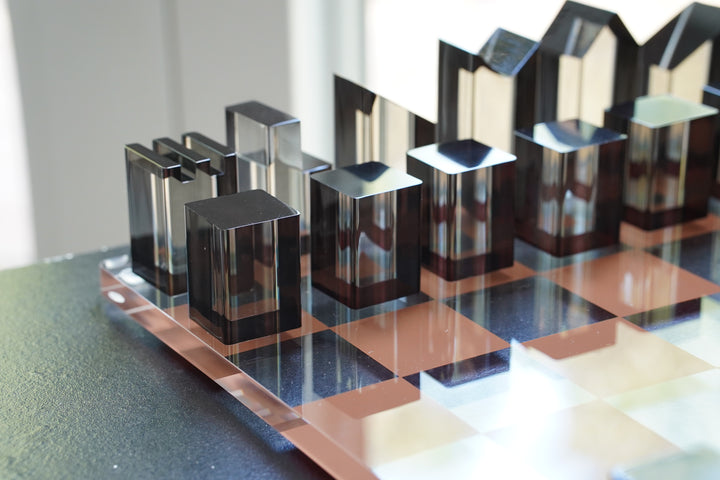 Architectural Crystal Chess Set | Brown & Clear Lucite | Luxury Home Decor & Strategy Game