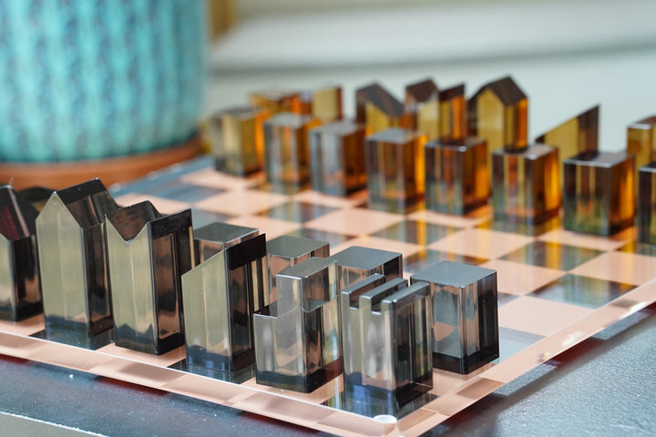 Architectural Crystal Chess Set | Brown & Clear Lucite | Luxury Home Decor & Strategy Game