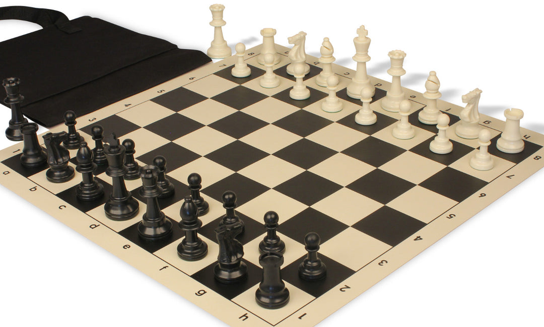 Standard Club Easy-Carry Plastic Chess Set Black & Ivory Pieces with Vinyl Rollup Board - Black