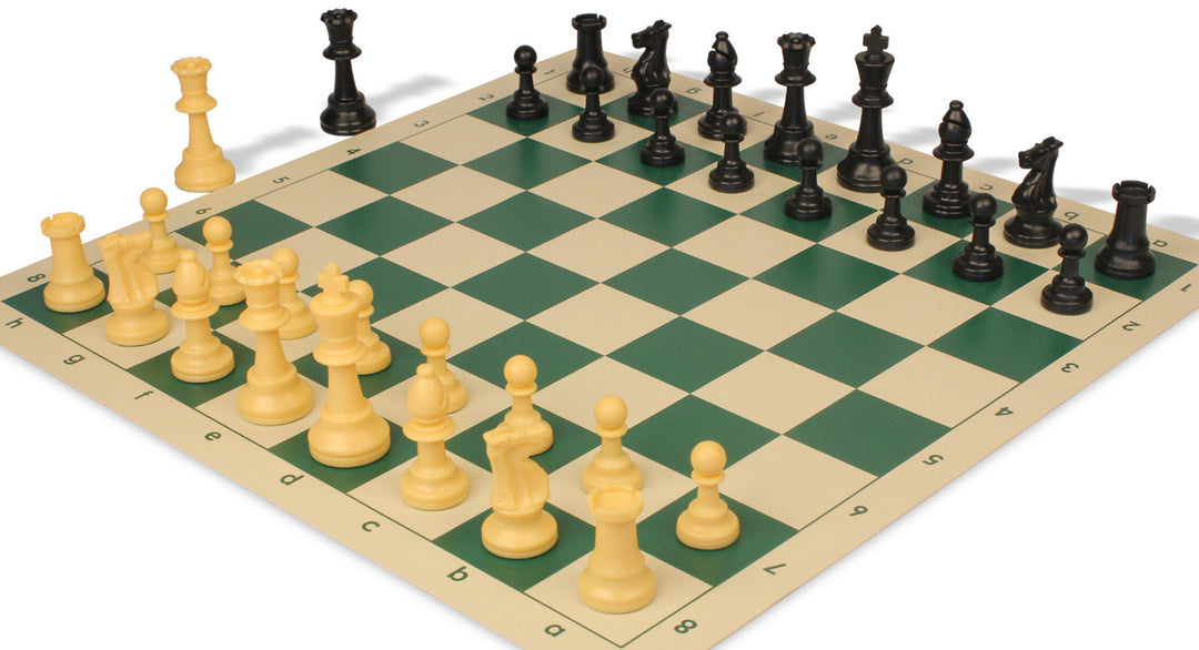 Standard Club Easy-Carry Plastic Chess Set Black & Camel Pieces with Vinyl Rollup Board - Green